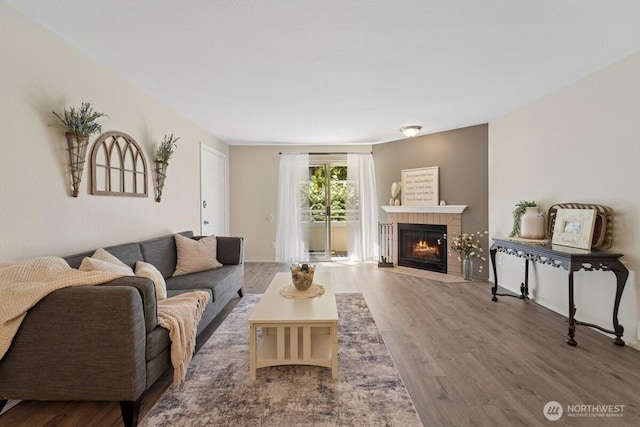 living room featuring wood finished floors and a fireplace