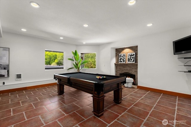 rec room with recessed lighting, billiards table, baseboards, a fireplace, and dark tile patterned floors