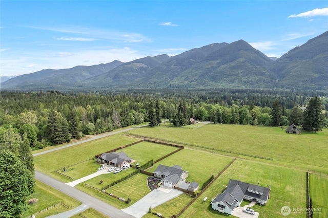 view of rural area featuring a mountain backdrop and a heavily wooded area