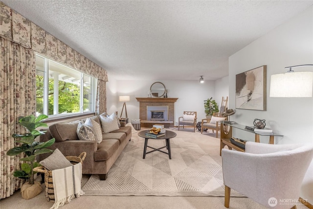 1102 S Villard St, Tacoma, WA 98465 - living area with carpet floors, a glass covered fireplace, and a textured ceiling