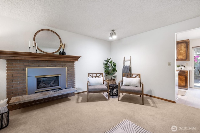 1102 S Villard St, Tacoma, WA 98465 - living area with carpet flooring, a fireplace, baseboards, and a textured ceiling
