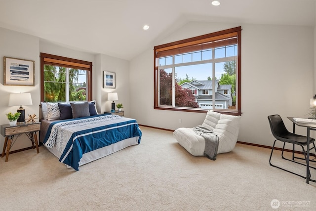 bedroom featuring multiple windows, baseboards, carpet, vaulted ceiling, and recessed lighting