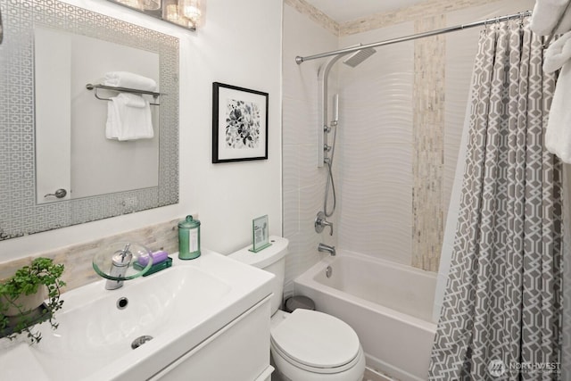 full bathroom featuring toilet, shower / tub combo with curtain, and vanity