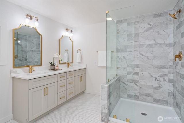 2419 Rocky Point Rd NW, Bremerton, WA 98312 - full bathroom with a tile shower, double vanity, and tile patterned flooring