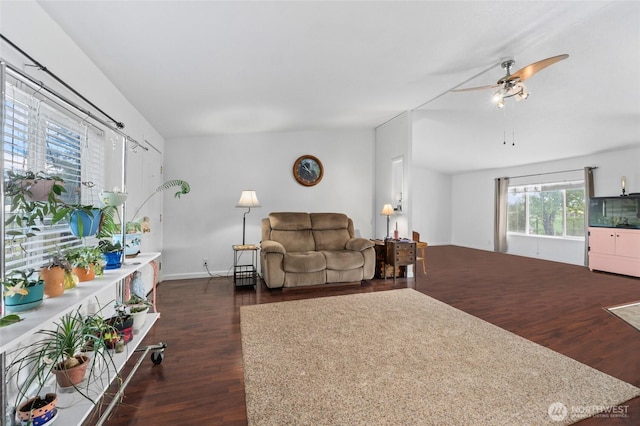 5211 S Aspen, Spokane, WA 99224 - living area with dark wood finished floors, ceiling fan, and baseboards
