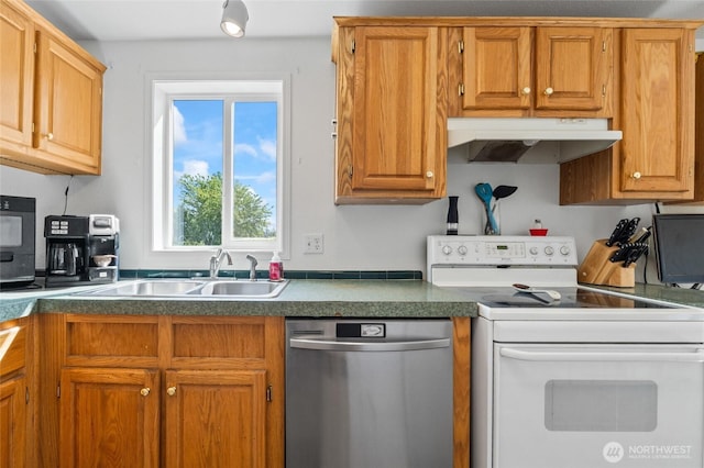 5211 S Aspen, Spokane, WA 99224 - kitchen with white electric stove, dishwasher, under cabinet range hood, a sink, and dark countertops