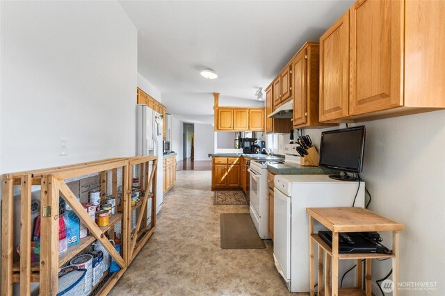 5211 S Aspen, Spokane, WA 99224 - kitchen with white appliances, under cabinet range hood, and light flooring