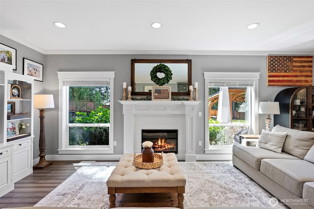 191 E Sterling Dr, Allyn, WA 98524 - living room featuring crown molding, a glass covered fireplace, recessed lighting, dark wood-type flooring, and baseboards