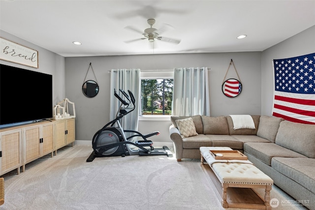 191 E Sterling Dr, Allyn, WA 98524 - living area with ceiling fan, recessed lighting, baseboards, and carpet floors