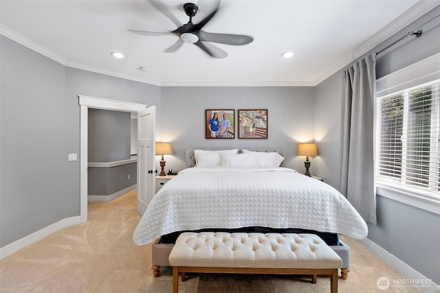 191 E Sterling Dr, Allyn, WA 98524 - bedroom featuring light colored carpet, ornamental molding, baseboards, recessed lighting, and a ceiling fan