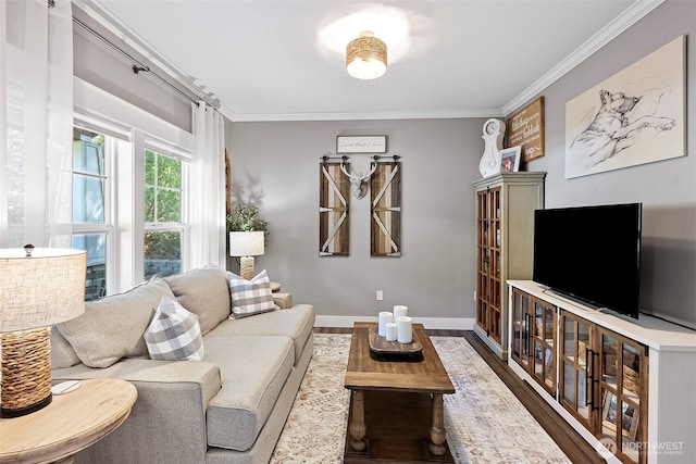 191 E Sterling Dr, Allyn, WA 98524 - living room featuring ornamental molding, wood finished floors, and baseboards