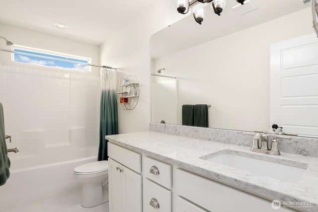 28611 NE 155th St, Duvall, WA 98019 - bathroom featuring vanity, shower / bath combination with curtain, toilet, and marble look tiles