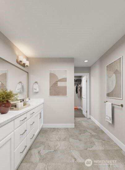 13214 NE 127th Ct Unit E, Kirkland, WA 98034 - bathroom featuring vanity, baseboards, and a shower