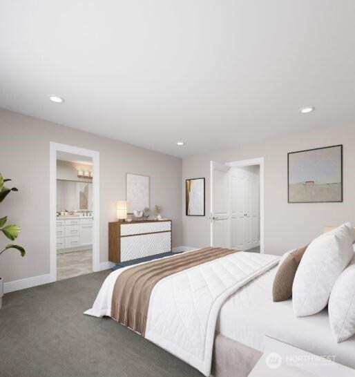 13214 NE 127th Ct Unit E, Kirkland, WA 98034 - bedroom featuring carpet flooring, recessed lighting, baseboards, and ensuite bath