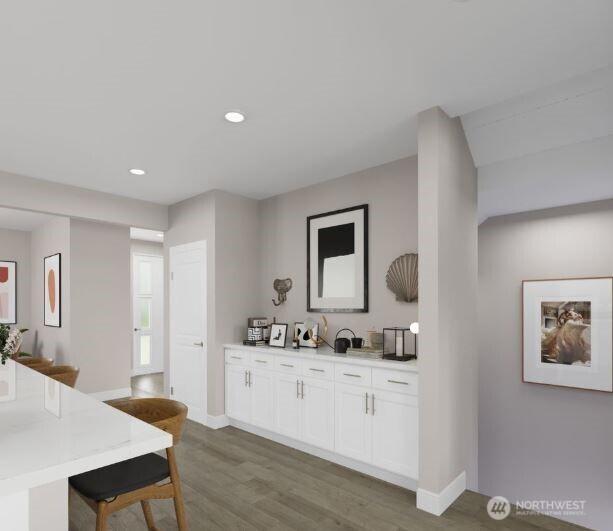 13214 NE 127th Ct Unit E, Kirkland, WA 98034 - bar area with wood finished floors, recessed lighting, and baseboards