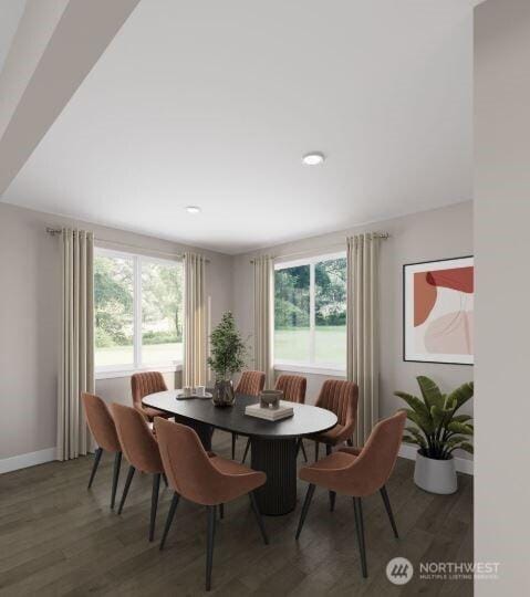 13214 NE 127th Ct Unit E, Kirkland, WA 98034 - dining area featuring healthy amount of natural light, wood finished floors, baseboards, and recessed lighting