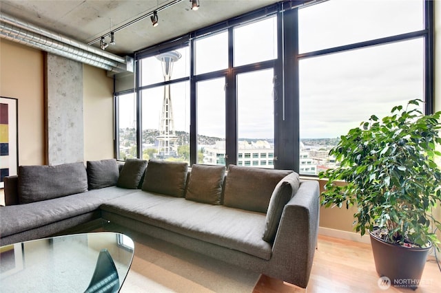 living room featuring track lighting, a view of city, plenty of natural light, and wood finished floors