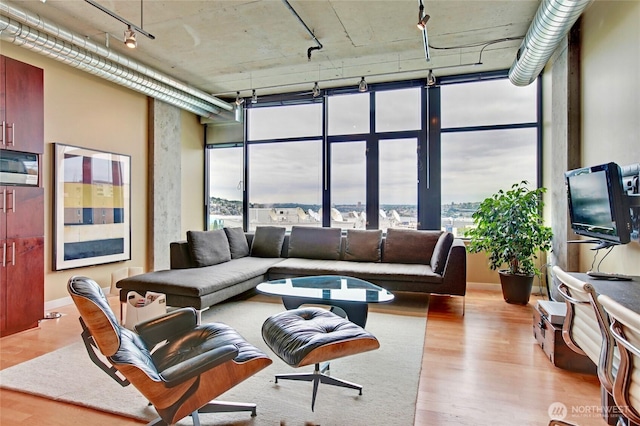 living area with track lighting, light wood finished floors, and a wall of windows