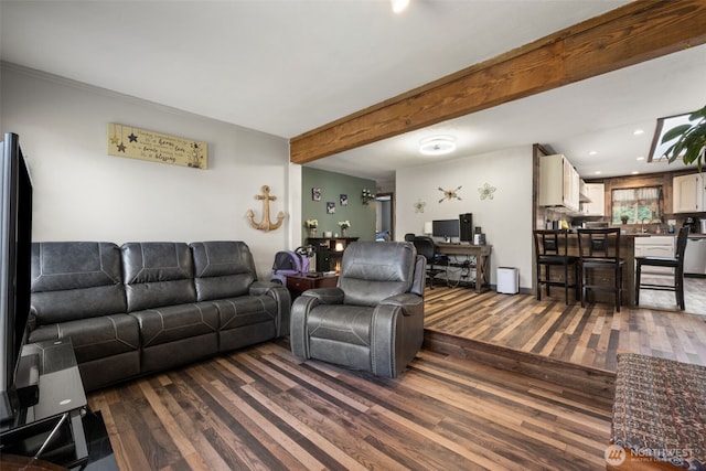 living room featuring wood finished floors, an office area, beam ceiling, and recessed lighting
