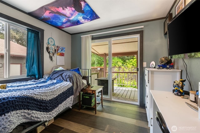 bedroom featuring access to exterior and dark wood-style flooring