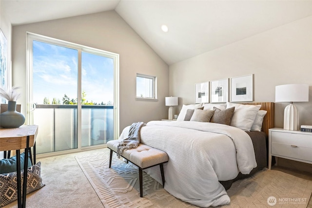 9752A Holman Rd NW, Seattle, WA 98117 - bedroom with lofted ceiling, access to exterior, light colored carpet, and recessed lighting