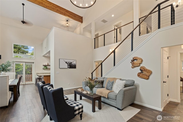 60 Spruce Ln, Ronald, WA 98940 - living room featuring a high ceiling, stairway, wood finished floors, baseboards, and recessed lighting