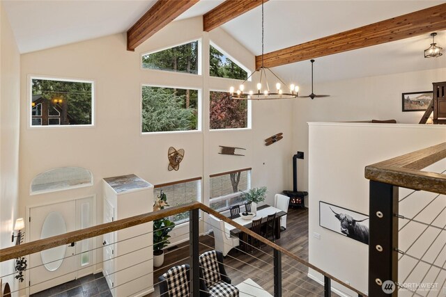 60 Spruce Ln, Ronald, WA 98940 - stairway featuring high vaulted ceiling, beamed ceiling, a chandelier, and a wood stove