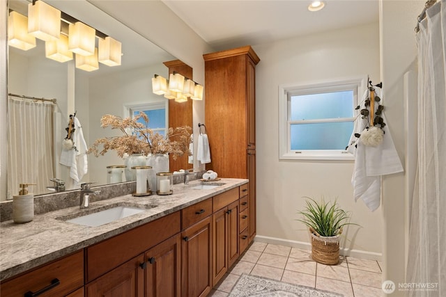 60 Spruce Ln, Ronald, WA 98940 - full bathroom featuring double vanity, tile patterned floors, baseboards, and recessed lighting