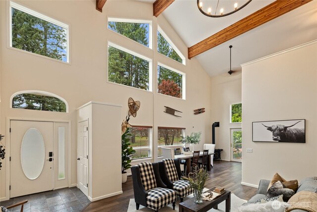 60 Spruce Ln, Ronald, WA 98940 - living room with high vaulted ceiling, beam ceiling, a chandelier, and baseboards