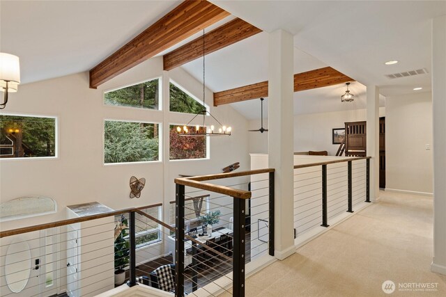 60 Spruce Ln, Ronald, WA 98940 - corridor featuring a chandelier, an upstairs landing, carpet flooring, and baseboards