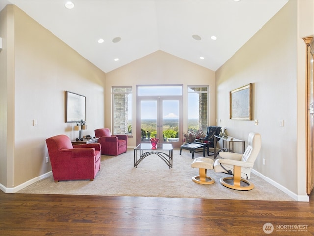 8144 Todderjen Ln SW, Olympia, WA 98512 - living room with carpet, french doors, high vaulted ceiling, baseboards, and recessed lighting