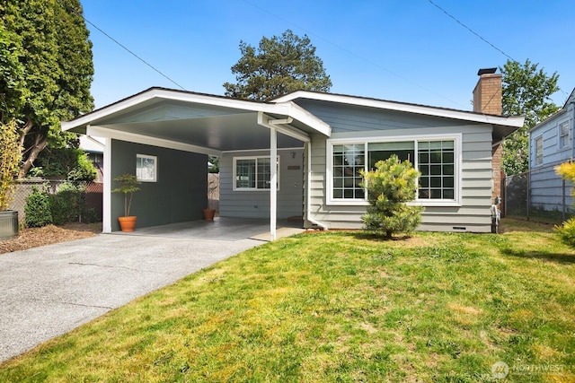 ranch-style home with an attached carport, a chimney, driveway, and crawl space