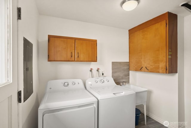 laundry area featuring cabinet space, independent washer and dryer, electric panel, and baseboards