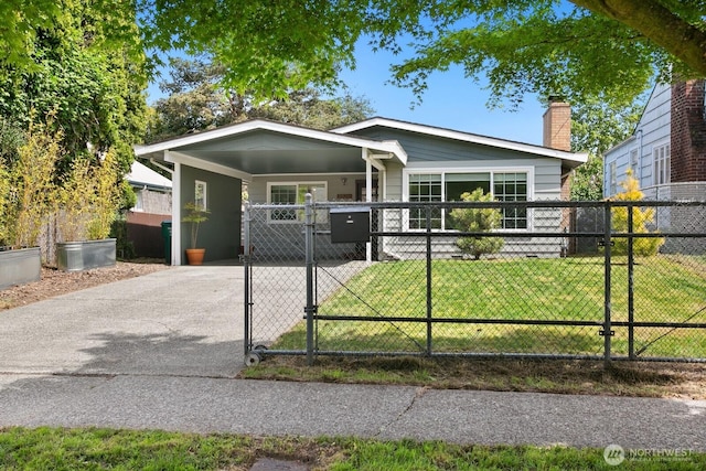ranch-style house with a gate, driveway, an attached carport, and a chimney