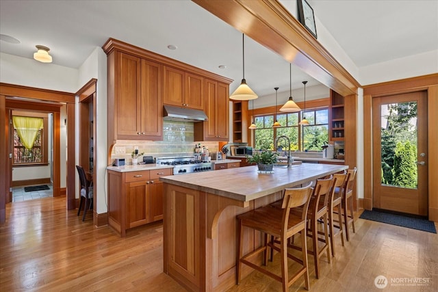 4504 37th Ave NE, Seattle, WA 98105 - kitchen featuring open shelves, under cabinet range hood, brown cabinetry, an island with sink, and a breakfast bar