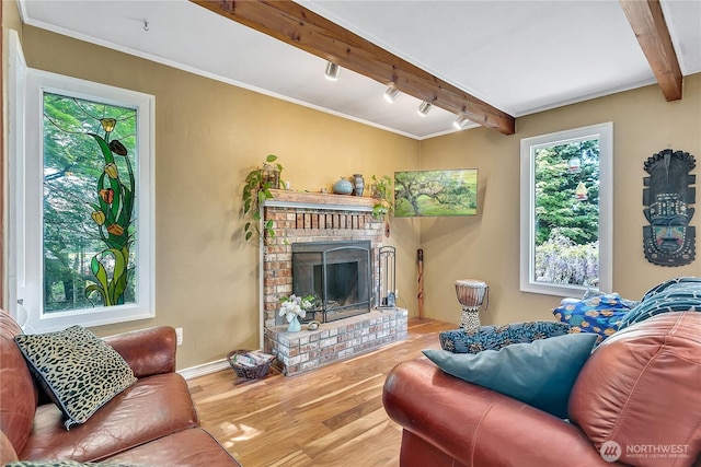 living area featuring beam ceiling, wood finished floors, healthy amount of natural light, a fireplace, and track lighting