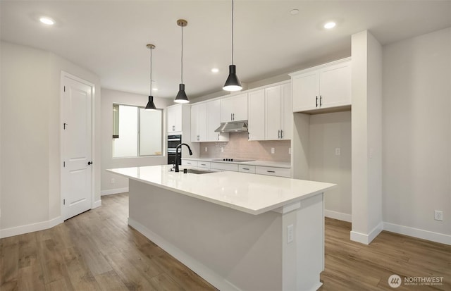 26539 NE 143rd Cir Unit E, Duvall, WA 98019 - kitchen featuring under cabinet range hood, a sink, black appliances, baseboards, and a center island with sink