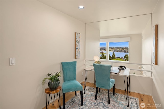 2400 Aurora Ave N Unit 202, Seattle, WA 98109 - office area with baseboards, wood finished floors, and recessed lighting