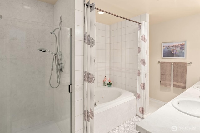 2400 Aurora Ave N Unit 202, Seattle, WA 98109 - bathroom featuring a shower stall, a sink, tiled bath, and recessed lighting