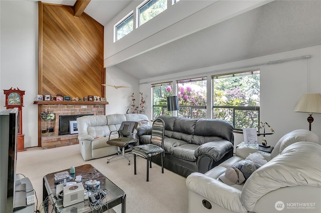 15915 SE 166th Pl, Renton, WA 98058 - living area with carpet floors, high vaulted ceiling, a brick fireplace, and beam ceiling