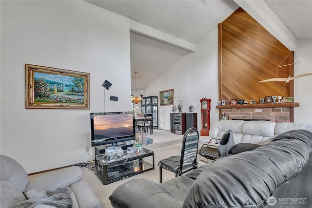15915 SE 166th Pl, Renton, WA 98058 - living area featuring a chandelier, carpet flooring, beam ceiling, and high vaulted ceiling