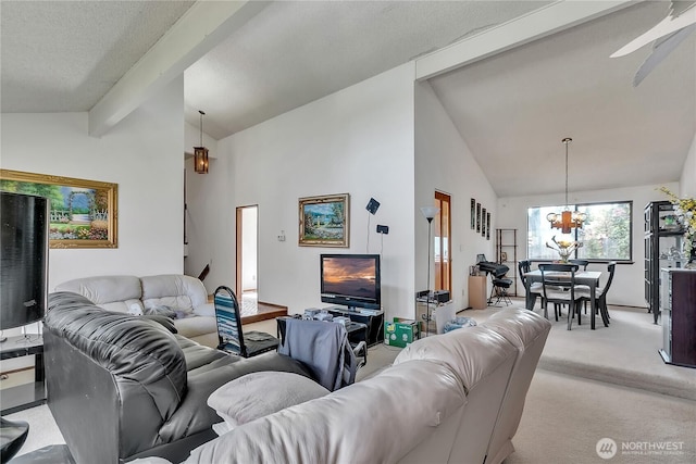 15915 SE 166th Pl, Renton, WA 98058 - living area featuring light carpet, beamed ceiling, a chandelier, high vaulted ceiling, and ceiling fan
