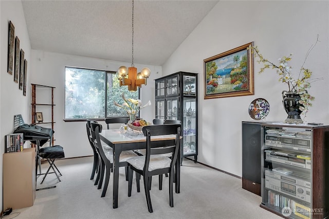 15915 SE 166th Pl, Renton, WA 98058 - dining area with a chandelier, light colored carpet, lofted ceiling, baseboards, and a textured ceiling