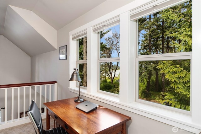 1503 Z St, Port Townsend, WA 98368 - office area with vaulted ceiling, plenty of natural light, and carpet floors