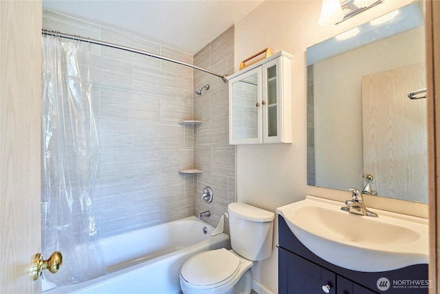 full bathroom with shower / bath combo, toilet, and vanity