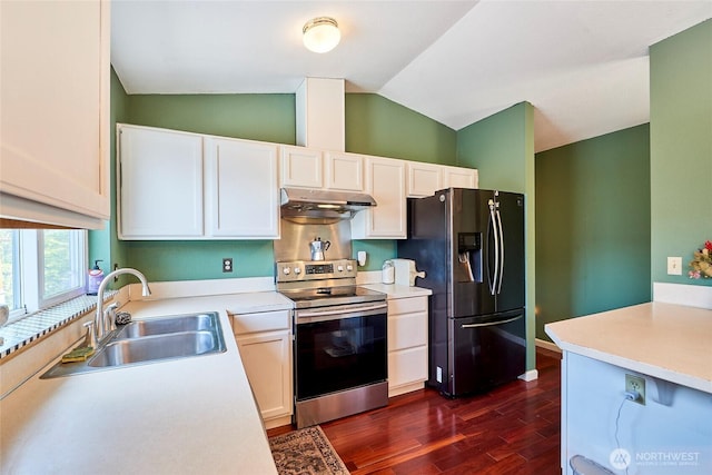 kitchen featuring appliances with stainless steel finishes, a sink, under cabinet range hood, lofted ceiling, and dark wood finished floors