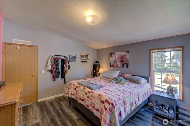 1510 144th Ln, Long Beach, WA 98631 - bedroom with vaulted ceiling, dark wood-type flooring, a textured ceiling, and baseboards