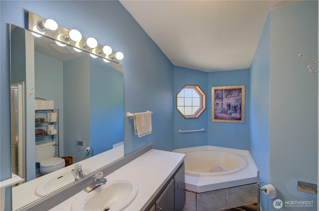 1510 144th Ln, Long Beach, WA 98631 - full bath with vanity, a bath, toilet, tile patterned flooring, and a shower with door