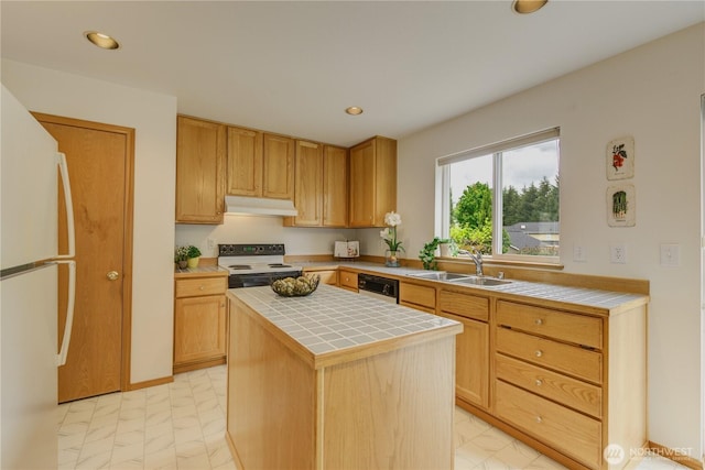 5511 152nd St SE, Everett, WA 98208 - kitchen with tile countertops, freestanding refrigerator, electric stove, a sink, and recessed lighting