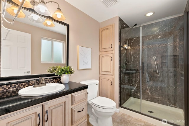 13832 146th Pl SE, Renton, WA 98059 - bathroom with a marble finish shower, toilet, vanity, and decorative backsplash